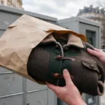 Ruky vkladajú zloženú hnedú vlnenú bundu do pokrčeného papierového obalu pred odretými schránkami na balíky na mestskej ulici