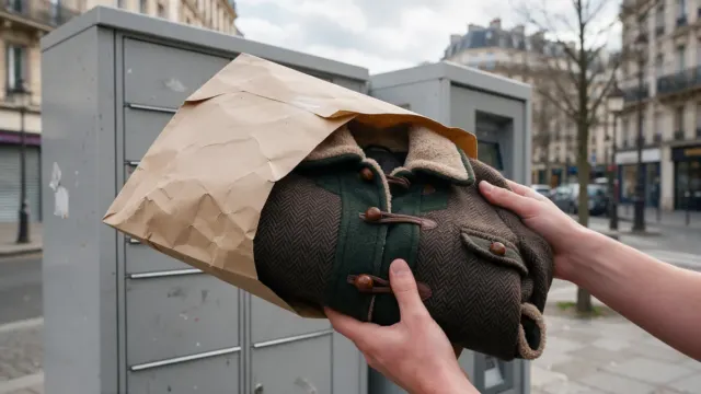 Ruky vkladajú zloženú hnedú vlnenú bundu do pokrčeného papierového obalu pred odretými schránkami na balíky na mestskej ulici