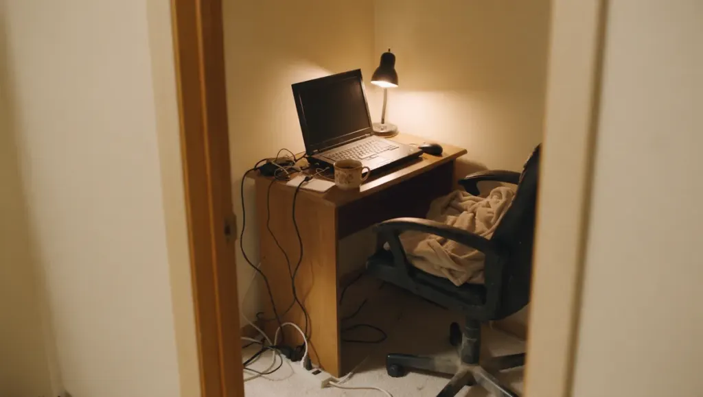 Kút spálne v noci premenený na pracovňu, starší notebook na úzkom stole pod stolovou lampou, zamotané káble a predlžovačka na koberci, pohľad od dverí