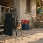Čierna čašnícka zástera a študentský batoh na kovovej stoličke pri zadnom vchode kaviarne, vedľa prepravky a bicykel v neskoro popoludňajšom slnku