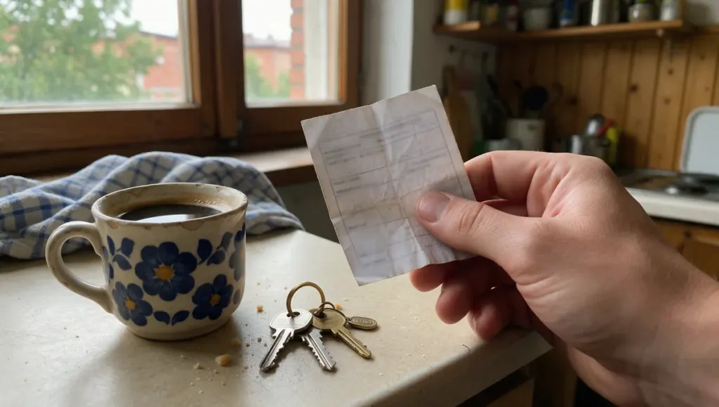 Ruka drží pokrčenú výplatnú pásku pri kuchynskej linke vedľa hrnčeka s kávou a kľúčov