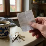 Ruka drží pokrčenú výplatnú pásku pri kuchynskej linke vedľa hrnčeka s kávou a kľúčov
