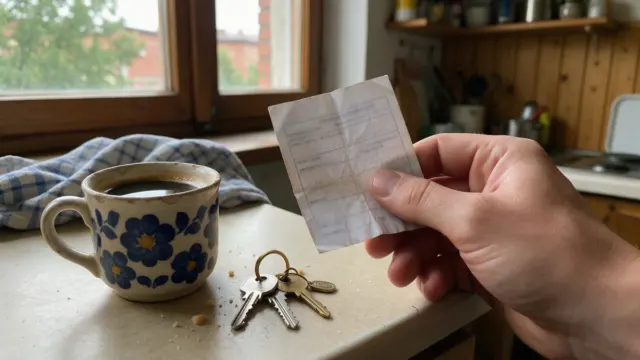 Ruka drží pokrčenú výplatnú pásku pri kuchynskej linke vedľa hrnčeka s kávou a kľúčov
