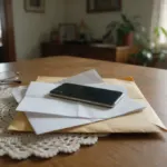 Otvorená obálka s úradnými listami a mobil displejom nadol na stole v obývačke, vedľa okuliare na čítanie