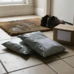 Plastové zásielkové obálky a malá krabica na dlažbe v predsieni pri rohožke a topánkach