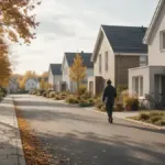 Ulica s rodinnými domami a jesennými stromami, po chodníku kráča človek