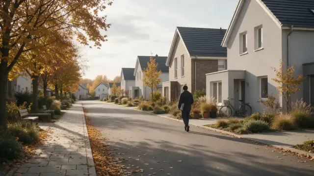 Ulica s rodinnými domami a jesennými stromami, po chodníku kráča človek