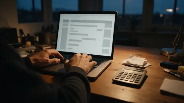 Ruky píšu na notebooku s tabuľkou na obrazovke a vedľa na drevenom stole ležia kalkulačka a doklady