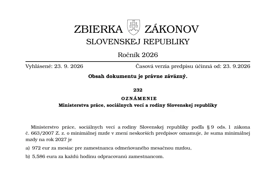 Prvá strana oznámenia č. 232/2026 Z. z. v Zbierke zákonov so sumou minimálnej mzdy na rok 2027
