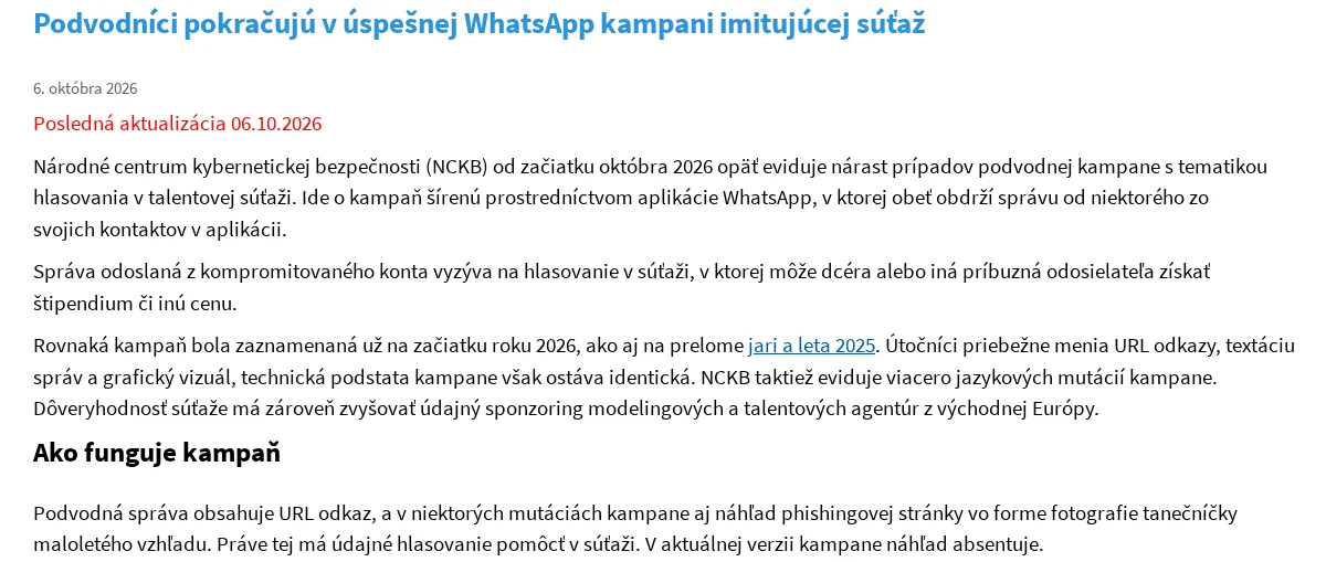 Varovanie Národného centra kybernetickej bezpečnosti zo 6. októbra 2026 pred podvodnou kampaňou s hlasovaním v súťaži na WhatsAppe