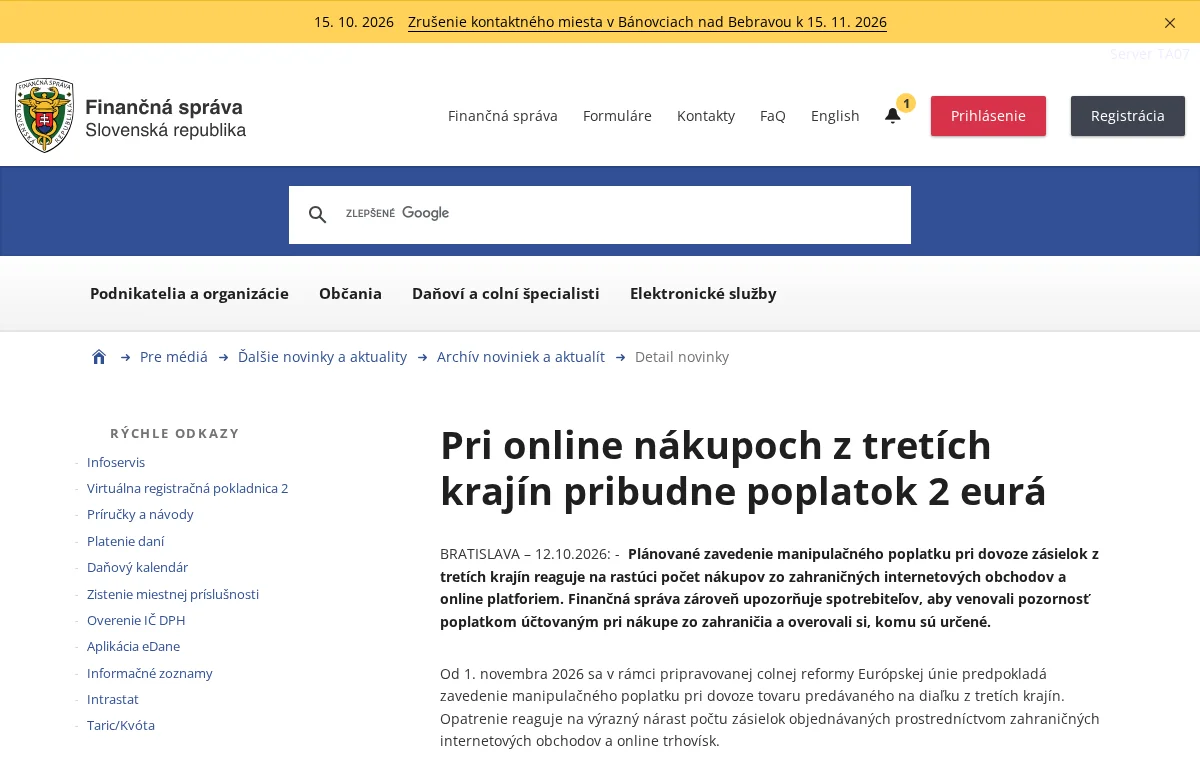 Tlačová správa Finančnej správy SR z 12. októbra 2026 o manipulačnom poplatku 2 eurá pri online nákupoch z tretích krajín