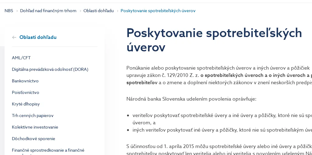Stránka Národnej banky Slovenska o poskytovaní spotrebiteľských úverov