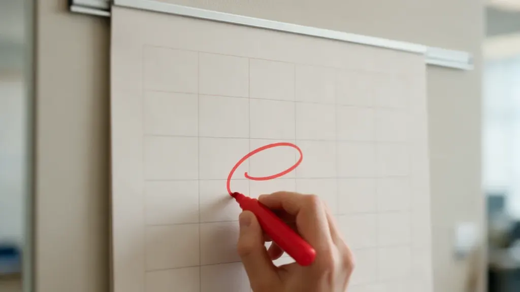 Ruka s červenou fixkou krúžkuje deň v nástennom kalendári