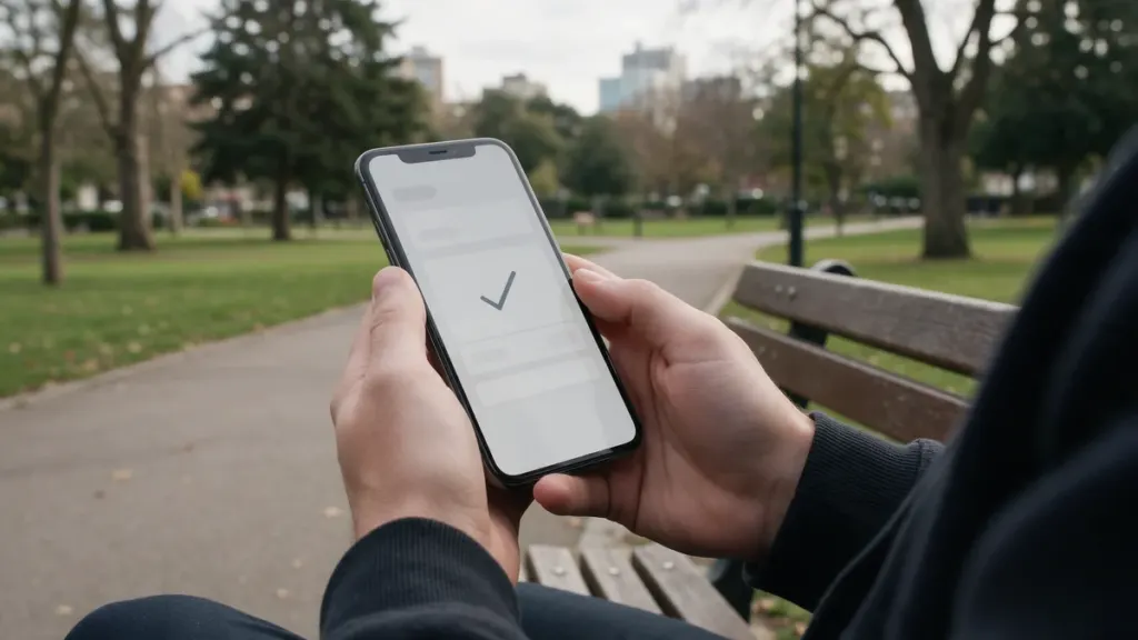 Ruky držia mobil s potvrdením odoslaného prevodu na lavičke v parku za denného svetla