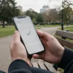 Ruky držia mobil s potvrdením odoslaného prevodu na lavičke v parku za denného svetla