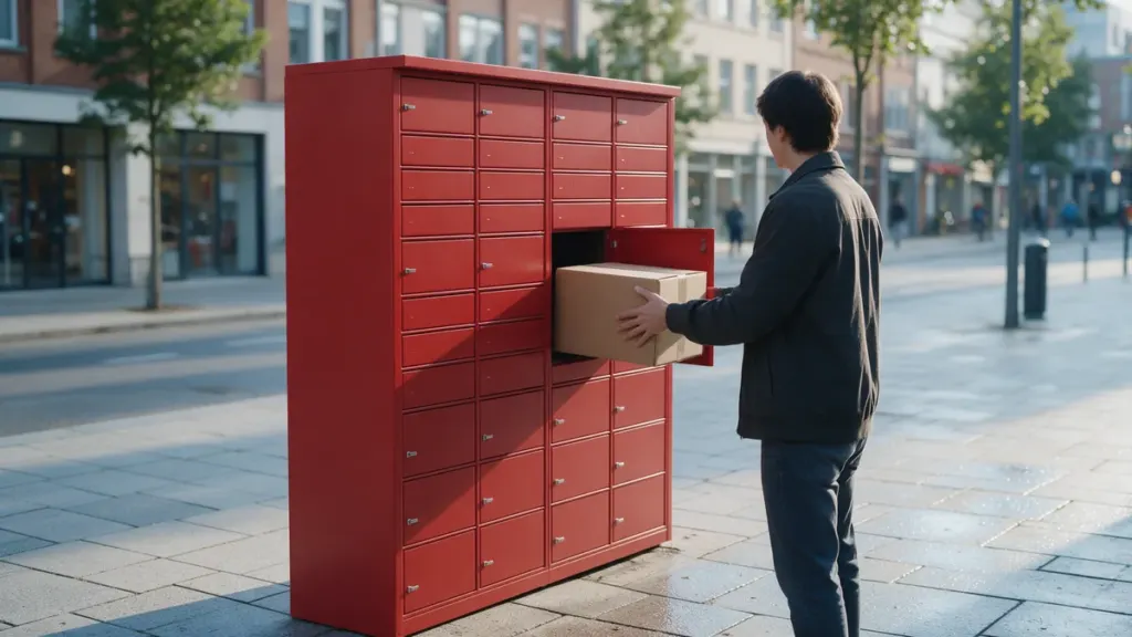 Muž vkladá balík do červeného výdajného boxu na zásielky na mestskej ulici