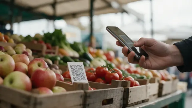 Zákazník na trhu mieri mobilom na QR kód medzi debničkami s jablkami a paradajkami