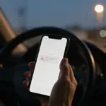Ruka v aute drží smartfón s varovným oznámením na displeji, v pozadí volant a večerná ulica