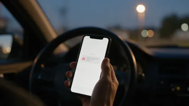 Ruka v aute drží smartfón s varovným oznámením na displeji, v pozadí volant a večerná ulica