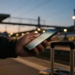 Cestujúci drží mobil na nástupišti za súmraku vedľa kufra pri posielaní peňazí do zahraničia