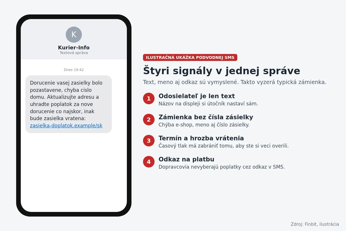 Ilustračná podvodná SMS od kuriéra bez diakritiky s odkazom na doplatok a štyrmi označenými varovnými signálmi