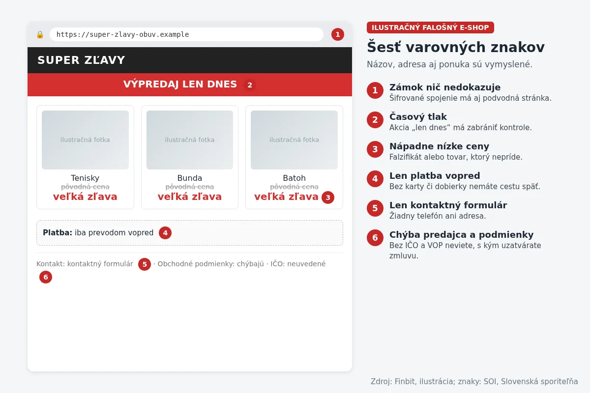 Ilustračný falošný e-shop s akciou len dnes, veľkými zľavami, platbou iba vopred a bez údajov o predajcovi