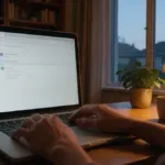 Ruky na klávesnici notebooku s otvorenou e-mailovou schránkou na pracovnom stole v domácej pracovni podvečer pri lampe