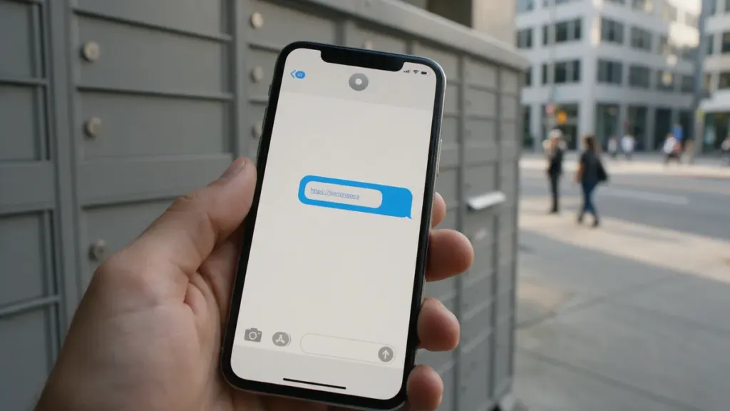 Ruka drží mobil so SMS správou pred radom vonkajších schránok na balíky na ulici za denného svetla