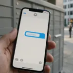 Ruka drží mobil so SMS správou pred radom vonkajších schránok na balíky na ulici za denného svetla