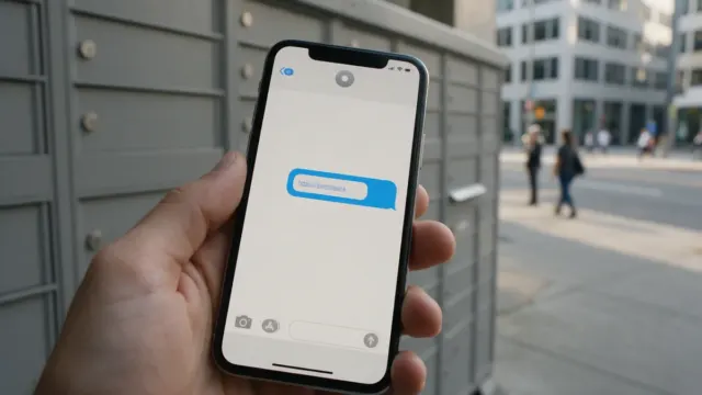 Ruka drží mobil so SMS správou pred radom vonkajších schránok na balíky na ulici za denného svetla