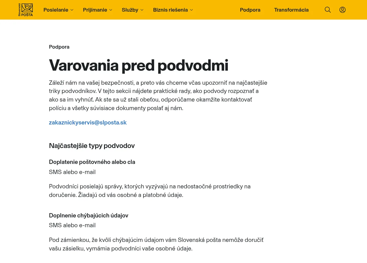 Stránka Slovenskej pošty Varovania pred podvodmi s typmi podvodov ako doplatenie poštovného alebo cla a doplnenie chýbajúcich údajov