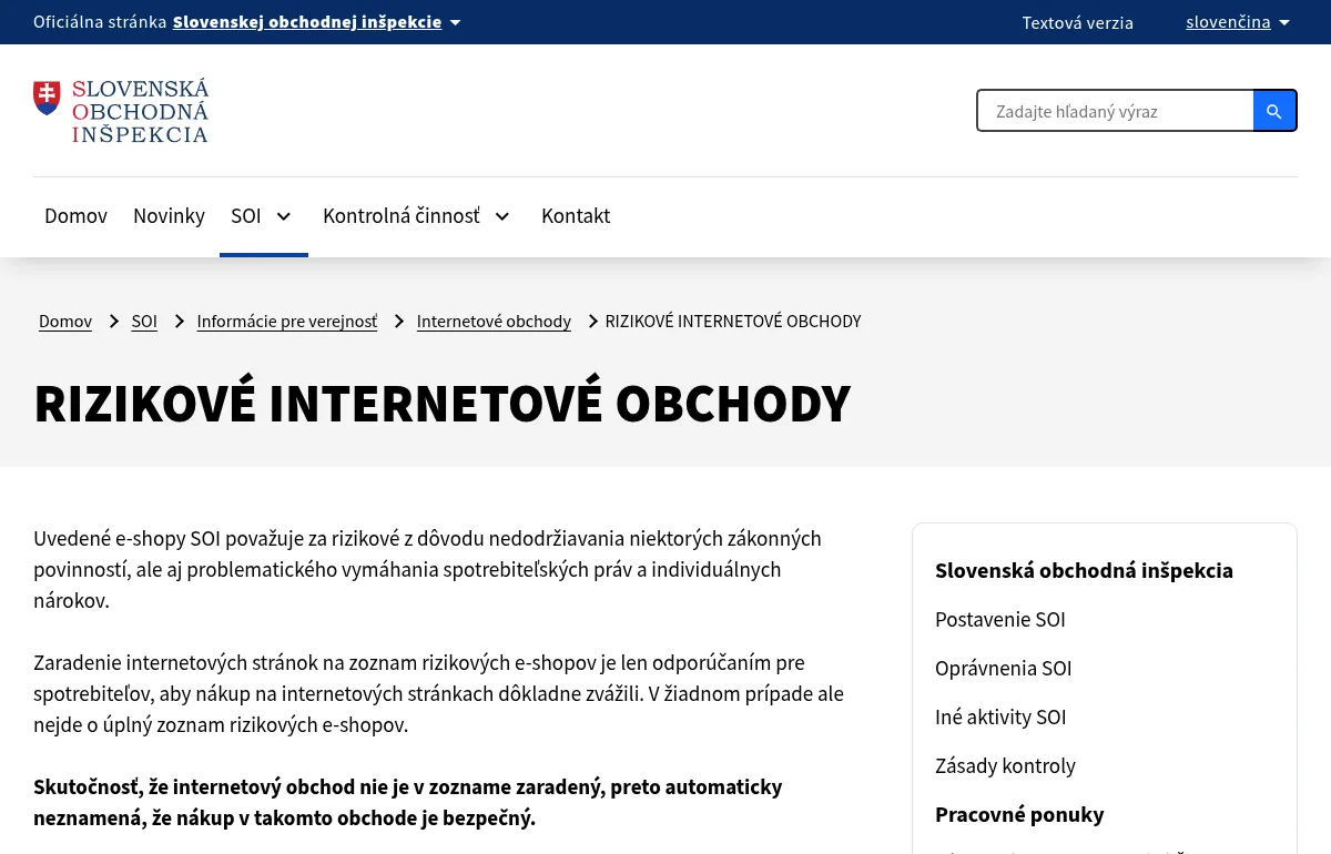 Stránka Slovenskej obchodnej inšpekcie Rizikové internetové obchody s vysvetlením, že zoznam je len odporúčanie a nie je úplný