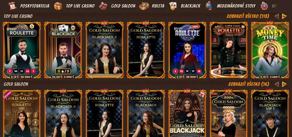 Live kasíno Alawin so sekciami Top Live Casino a Gold Saloon