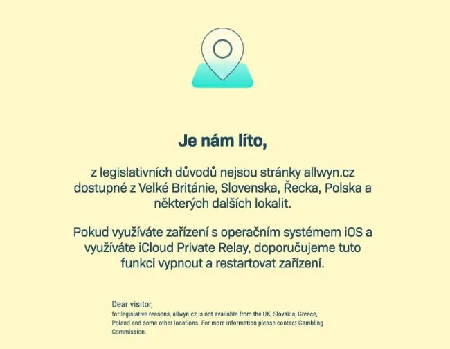 Allwyn.cz (Sazka) po otvorení zo Slovenska hlási, že z legislatívnych dôvodov nie je dostupný zo Slovenska, Veľkej Británie, Grécka a Poľska
