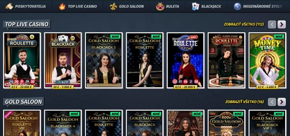 Live kasíno Allyspin so sekciami Top Live Casino a Gold Saloon