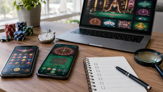 Mobily a notebook s kasínami, stopky, lupa a kontrolný zoznam