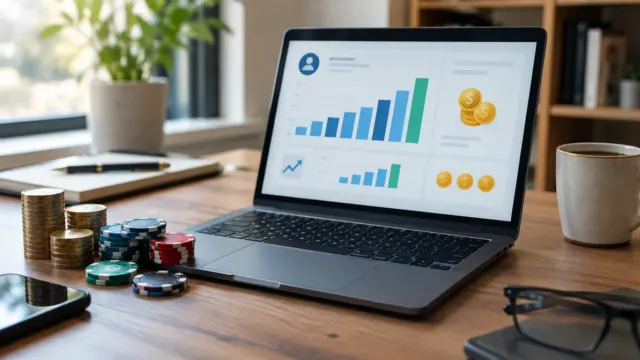Notebook s grafmi provízií, mince a žetóny