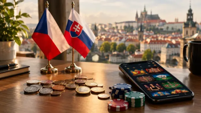 Česká a slovenská vlajka, koruny, eurá a mobil s kasínom