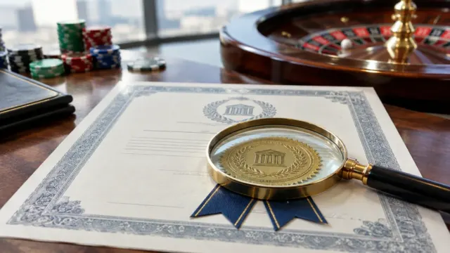 Licenčný certifikát s pečaťou pod lupou a ruleta v pozadí