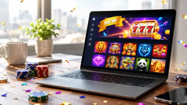 Notebook s novým online kasínom a konfety na stole