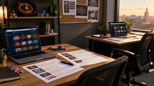 Redakcia s notebookmi a vytlačenými recenziami kasín