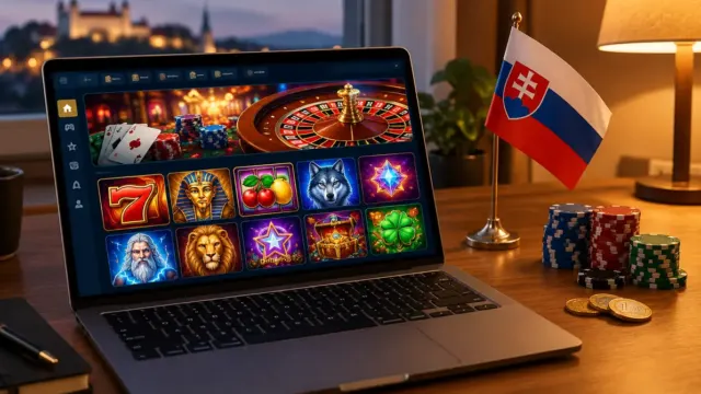 Notebook s lobby online kasína, slovenská vlajka a kasínové žetóny