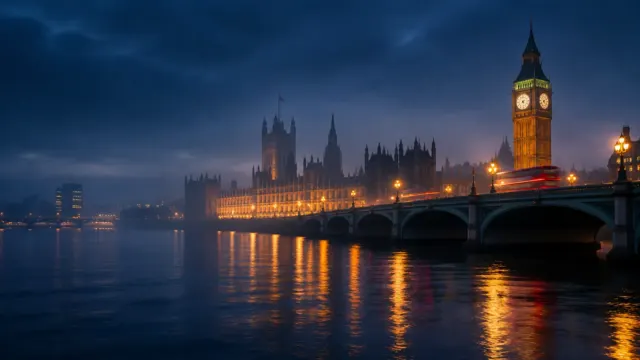 Westminsterský most a Big Ben nad Temžou vo večernom osvetlení