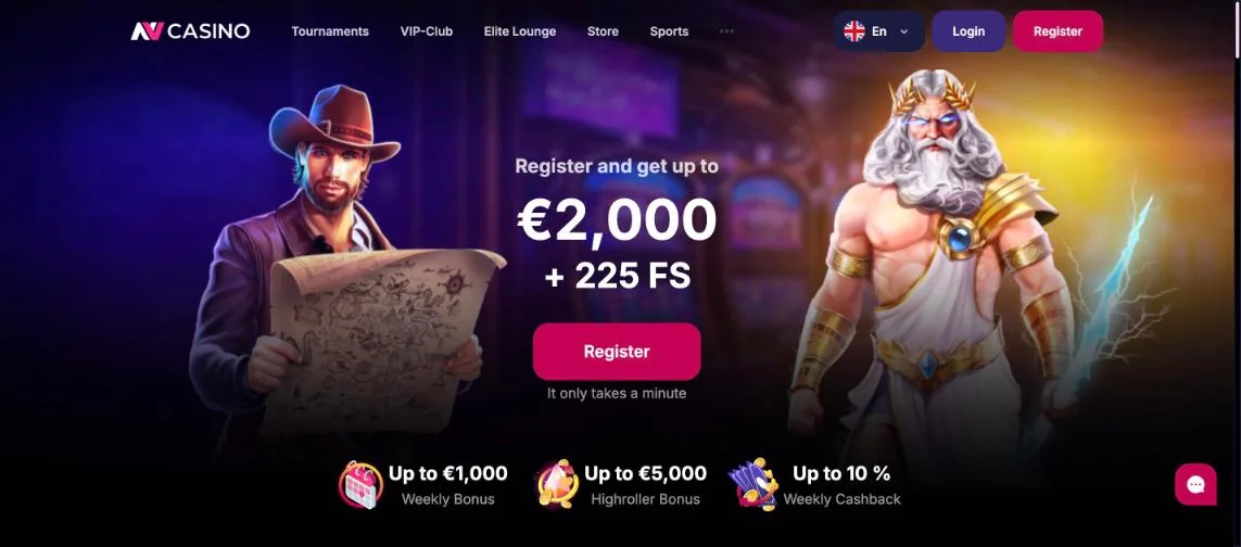 Úvodná stránka NV Casino s uvítacím balíkom do 2 000 € a 225 free spinov