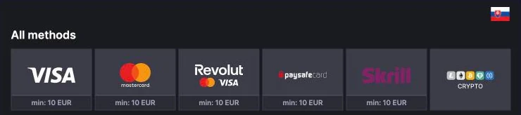 Metódy vkladu NV Casino pre Slovensko: Visa, Mastercard, Revolut, Paysafecard, Skrill a kryptomeny, všetky od 10 €