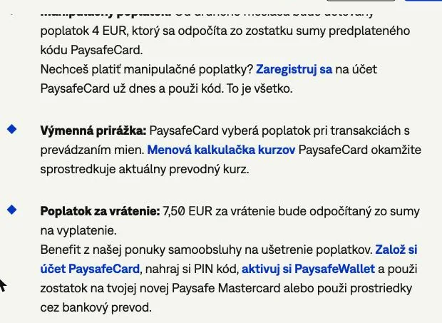 Prehľad poplatkov Paysafecard: manipulačný poplatok 4 EUR, výmenná prirážka a poplatok za vrátenie 7,50 EUR