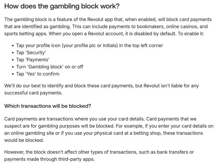 Centrum pomoci Revolut: postup zapnutia bloku hazardu Gambling block a ktoré platby blokuje