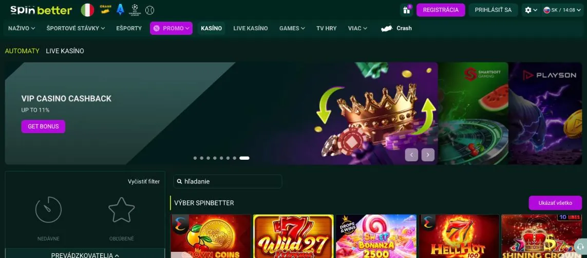 Lobby automatov Spinbetter s bannerom VIP cashback až 11 % a výberom hier Crown Coins, Wild 27 a Sweet Bonanza 2500