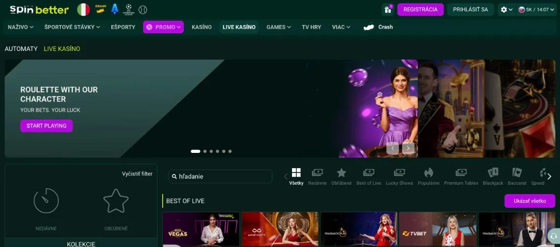 Live kasíno Spinbetter s vlastnou ruletou SpinBetter Roulette a stolmi Pragmatic Play, Winfinity a TVBET