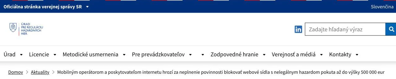 Tlačová správa ÚRHH: mobilným operátorom a poskytovateľom internetu hrozí za neplnenie povinnosti blokovať pokuta až 500 000 eur